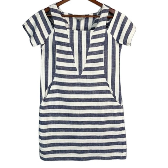 KENAR Linen Blend Striped Mini Dress Blue Oatmeal Cutouts Pockets Coastal Size M - Picture 2 of 11